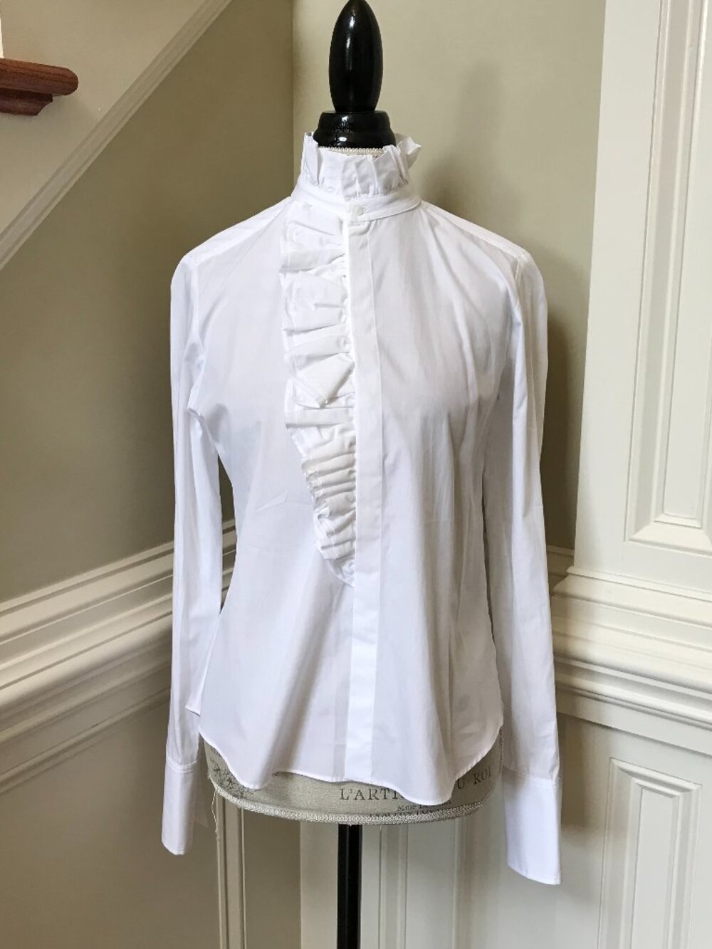 NWT Zara Ruffle Front Blouse Shirt Top Womens Medium White Long Sleeve Cotton - Picture 2 of 11